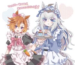  2girls ahoge alternate_costume animal_ears apron black_dress blue_eyes blue_hair blue_jacket blush bow breasts carrot closed_mouth cupcake dress ear_bow eating food frilled_apron frills grey_hair hair_between_eyes hair_ornament hairclip headdress holding holding_tray horse_ears horse_girl horse_tail jacket jersey_maid long_hair long_sleeves looking_at_viewer maid maid_apron maid_headdress mokuroo multicolored_hair multiple_girls oguri_cap_(umamusume) open_mouth orange_hair orange_tail pink_bow puffy_short_sleeves puffy_sleeves short_hair short_sleeves smile streaked_hair t.m._opera_o_(umamusume) tail track_jacket tray umamusume unconventional_maid violet_eyes waist_apron white_apron white_headdress 