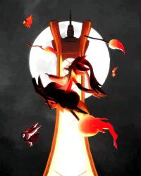  1other animal_ears animal_focus bat_(animal) black_fur broom broom_riding delphox fire flying full_moon furry highres mega_delphox mega_pokemon moon multicolored_fur night night_sky noibat pokemon pokemon_(creature) pokemon_focus pokemon_legends:_z-a prism_tower red_fur rivalclay sky 