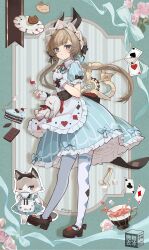  1girl 1other alice&#039;s_adventures_in_wonderland alice_(alice_in_wonderland) alice_(alice_in_wonderland)_(cosplay) alternate_costume animal apron black_shoes blue_dress blue_eyes bow breasts brown_hair cake card cat chocolate cookie cosplay cuffs cup diamond_(shape) diamond_print dress flower food fork frilled_dress frills fruit genshin_impact headdress highres holding holding_fork issign long_hair looking_at_viewer mary_janes playing_card puffy_sleeves rabbit sandrone_(genshin_impact) shoes short_sleeves small_breasts spoon strawberry striped_clothes sugar_cube teacup thigh-highs tongs vertical-striped_clothes white_cuffs white_headdress winding_key 