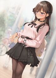  3girls backpack bag black_bow black_collar black_skirt blurry blurry_background blush bow braid breasts brown_hair brown_pantyhose closed_mouth collar collarbone day depth_of_field flying_sweatdrops frilled_skirt frills grey_eyes hair_bow hair_ornament hairclip highres jirai_kei long_hair long_sleeves medium_breasts minato_ojitan multiple_girls original outdoors pantyhose pink_shirt pleated_skirt polka_dot polka_dot_pantyhose puffy_long_sleeves puffy_sleeves shirt skirt sleeves_past_wrists solo_focus steepled_fingers tan 