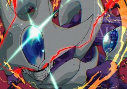  1boy colored_skin cooler_(dragon_ball) dragon_ball dragon_ball_z electricity eyes_visible_through_hair forehead_jewel glint glowing glowing_eyes highres male_focus purple_skin red_eyes solo stktik09060906 upper_body 