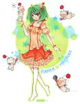  barefoot brown_eyes dress final_fantasy green_hair hair_ornament joanna_(mojo!) kneehighs macross macross_frontier microphone moogle myrollingstar open_mouth orange_dress ranka_lee short_hair smile solo traditional_media watermark 