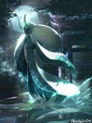  absurdres black_sclera blue_eyes blue_sclera bo_(bouillustration) colored_sclera froslass full_body full_moon highres horns ice looking_at_viewer mega_froslass mega_pokemon moon night night_sky no_humans outdoors pokemon pokemon_(creature) pokemon_focus reflection reflective_water sky solo torii tree water 