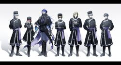  1girl 6+boys bandaged_hand bandages black_boots black_coat black_hair black_hat black_jacket blonde_hair blue_hair boots brown_hair closed_eyes coat facial_hair flins_(genshin_impact) genshin_impact grey_hair grey_pants hat highres holding_lamp jacket long_hair long_sleeves multiple_boys mustache pants rioshima_(rosm_ayk) white_background white_hair 