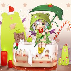  1girl :3 :o =_= absurdres animal_hood apricot_the_lich arms_behind_head blue_hair boots bow brown_pants cake candle candy candy_cane chibi closed_eyes commentary demon_girl demon_wings english_commentary eyelashes fang fire food frog frog_hood full_body green_eyes green_hair green_raincoat hat highres holding holding_leaf holding_paper holly hood hood_up icing leaf merry_christmas multicolored_hair music musical_note open_mouth pants paper pencilanon pointy_ears raincoat red_bow red_hat red_shirt santa_hat second-party_source shirt singing sitting skin_fang smile star_(symbol) star_symbol_background two-tone_hair virtual_youtuber vshojo wings yellow_boots 