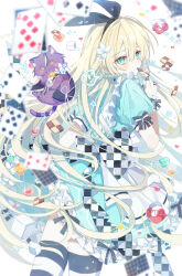  1girl absurdres alice&#039;s_adventures_in_wonderland alice_(alice_in_wonderland) apron aqua_dress aqua_eyes blonde_hair card cat cookie cowboy_shot dress food from_behind hand_up highres holding holding_cookie holding_food long_hair playing_card puffy_sleeves purple_cat solo striped_clothes striped_thighhighs thigh-highs white_apron yakinikusakoku 