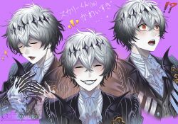  1boy aogiyuki black_crown crown diamond_hairband gloves highres jacket long_sleeves looking_at_viewer male_focus missing_tooth multiple_persona pinstripe_jacket pinstripe_pattern pinstripe_suit pinstripe_vest round_eyewear short_hair skeleton_print skully_j._graves smile striped_clothes striped_jacket striped_vest suit sunglasses the_nightmare_before_christmas twisted_wonderland vertical-striped_clothes vertical-striped_jacket vertical-striped_vest vest white_hair 