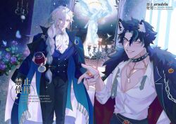  2boys absurdres animal_ears arudeluu bat_(animal) black_choker blood blood_on_clothes blood_on_face blue_light bug butterfly candy chain chandelier choker collar cup flower food genshin_impact halloween_costume highres holding holding_candy holding_cup holding_food jacket jacket_on_shoulders jewelry light_smile long_hair looking_at_viewer multiple_boys necklace neuvillette_(genshin_impact) open_clothes pumpkin purple_flower sleeves_rolled_up smile spiked_collar spikes suit teeth wolf_ears wriothesley_(genshin_impact) 