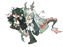  1boy 1girl arknights black_boots black_coat black_hair black_pants boots brother_and_sister chibi coat dress dusk_(arknights) eastern_dragon_horns eastern_dragon_tail jingshenhuanghu long_hair multicolored_hair open_mouth pants siblings smile streaked_hair very_long_hair white_dress white_hair yi_(arknights) 