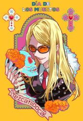  1boy black_nails blonde_hair cropped_torso cross dia_de_muertos fate/grand_order fate_(series) flower highres jacket long_hair looking_at_viewer male_focus necktie open_mouth orange-tinted_eyewear poppoman shirt skeleton smile solo sunglasses tezcatlipoca_(fate) tinted_eyewear yellow_background 