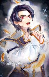  1boy black_hair cowboy_shot feathers highres male_focus niboshi_purin no.1_sentai_gozyuger red_eyes robe solo super_sentai tono_hoeru white_robe 