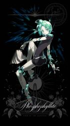  1other absurdres androgynous black_background black_jacket black_shoes breaking clipboard colored_skin crystal_hair crystal_shards english_text gem_uniform_(houseki_no_kuni) glowing glowing_hair green_eyes green_hair highres houseki_no_kuni jacket open_mouth paper parted_bangs phosphophyllite puffy_short_sleeves puffy_sleeves shoes short_hair short_sleeves shorts solo sparkle tottoko_toe watermark 