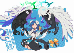 1boy 2girls black_skin black_skirt black_tail blue_background blue_hair colored_skin dizzy_(guilty_gear) flower futa_yuri_ryona guilty_gear guilty_gear_strive hair_flower hair_ornament halo kneeling long_hair multiple_girls necro_(guilty_gear) queen_dizzy simple_background skirt undine_(guilty_gear) white_background white_hair 