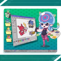  1girl bastemon beelstarmon black_eyes blue_hair commentary dclaret digimon digimon_(creature) english_commentary fang full_body guilmon highres holding holding_paint_palette holding_paintbrush icon_(computing) internet_explorer jellyfish_girl jellymon kuramon long_hair microsoft_paint_(software) microsoft_windows numemon open_mouth paint_palette paintbrush pink_thighhighs pointy_ears ranamon recycle_bin sakuyamon standing tentacle_hair thigh-highs 