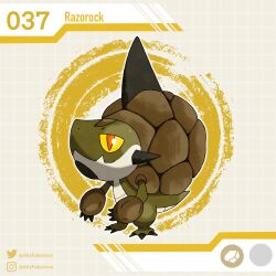 alisfakemon artist_name character_name fakemon full_body highres instagram_logo instagram_username no_humans orange_pupils original pokemon pokemon_(creature) rock slit_pupils solo standing tail twitter_logo twitter_username yellow_eyes 
