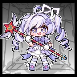  1girl :d ahoge black_border blue_archive border bow bowtie chibi chibi_only chinese_commentary commentary_request dress drill_hair frilled_dress frills full_body gloves hair_ornament halo heart highres holding holding_staff long_hair magical_girl mist_pheasant multicolored_hair multicolored_pantyhose no_fingers official_alternate_costume official_alternate_hairstyle open_mouth outline outside_border pantyhose puffy_short_sleeves puffy_sleeves purple_bow purple_bowtie purple_hair purple_halo purple_pantyhose purple_shoes reisa_(blue_archive) reisa_(magical)_(blue_archive) shoes short_sleeves smile solo staff standing star-shaped_pupils star_(symbol) star_hair_ornament star_halo striped_clothes striped_pantyhose symbol-shaped_pupils twin_drills twintails two-tone_hair two-tone_pantyhose v-shaped_eyebrows violet_eyes white_bow white_dress white_gloves white_outline white_pantyhose wing_hair_ornament 