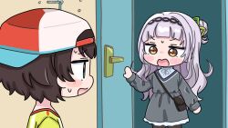  2girls backwards_hat bag baseball_cap blue_eyes blush_stickers brown_hair brown_pantyhose chibi clock dress green_shirt grey_dress grey_hair grey_shirt hair_bun hat highres hololive indoors long_hair long_sleeves mochimiko multiple_girls murasaki_shion oozora_subaru oozora_subaru_(1st_costume) open_door open_mouth pantyhose profile puffy_long_sleeves puffy_sleeves shirt shoulder_bag striped_clothes striped_shirt sweat vertical-striped_clothes vertical-striped_shirt very_long_hair virtual_youtuber wall_clock wavy_mouth 