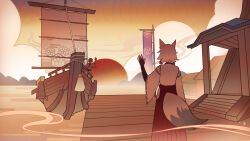  1boy 1girl absurdres animal_ears architecture astruma2 clouds cloudy_sky dock earrings east_asian_architecture english_commentary faceless faceless_female faceless_male fox_ears fox_girl fox_tail friends from_behind genshin_impact hand_up highres japanese_clothes jewelry kitsune_saiguu long_sleeves miko orange_background orange_sky outdoors sailing_ship ship short_hair sky smoke smoke_trail standing sun sunset tail water watercraft waving white_hair wide_sleeves 