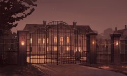  absurdres building bush chain chimney commentary fence hedge highres house iron_fence ma_someru mansion no_humans original outdoors painterly path road scenery sky stairs star_(sky) starry_sky sunset symbol-only_commentary tree wall_lamp warm_colored window_light 