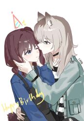  1101maryo 2girls animal_ear_fluff animal_ear_piercing animal_ears black_choker blue_eyes blue_jacket blue_shirt brown_hair choker commentary girls_band_cry grey_hair hashtag-only_commentary highres iseri_nina jacket kawaragi_momoka kemonomimi_mode long_hair multicolored_hair multiple_girls one_eye_closed rabbit_ears rabbit_girl rabbit_tail roots_(hair) shirt simple_background tail upper_body white_background yuri 