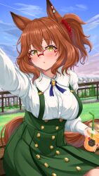  1girl absurdres animal_ears aston_machan_(umamusume) blurry blurry_background blush breasts brown_hair casual cityscape cup fingernails glasses green_eyes hachi7515 hair_between_eyes hair_ornament highres horse_ears medium_breasts medium_hair open_mouth selfie sitting sky solo umamusume 
