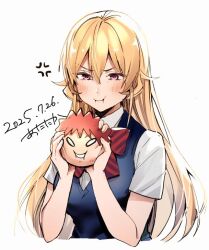  1girl anger_vein blonde_hair blue_sweater_vest blush bow bowtie breasts closed_mouth cropped_torso dated diagonal-striped_bow diagonal-striped_bowtie diagonal-striped_clothes double-parted_bangs hair_between_eyes iroiro_suruyo large_breasts long_hair nakiri_erina pout shirt shokugeki_no_souma short_sleeves signature simple_background solo stress_toy striped_bow striped_bowtie striped_clothes sweater_vest tootsuki_saryou_ryouri_gakuen_uniform very_long_hair violet_eyes white_background white_shirt yukihira_souma 