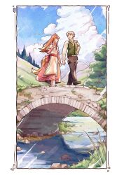  1boy 1girl absurdres apron blue_sky border brown_hair brown_pants clouds cloudy_sky craft_lawrence day green_vest grey_hair highres holding holo long_hair long_sleeves looking_at_another marutenmaruten open_mouth outdoors pants pink_skirt reflection reflective_water scenery shadow shirt short_hair sidelocks sketch skirt sky spice_and_wolf stone_bridge tail vest white_border white_shirt wolf_girl wolf_tail 
