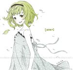  aitai_(vocaloid) blush dress face green_eyes green_hair gumi hairband joanna_(mojo!) leaf myrollingstar open_mouth short_hair sketch smile solo sundress traditional_media vocaloid watermark 