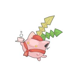  commentary_request full_body hat holding holding_plate hoppip neckerchief no_humans ojikano plate pokemon pokemon_(creature) pokemon_cafe_remix red_hat red_neckerchief signature simple_background smile solo steam white_background yellow_eyes 