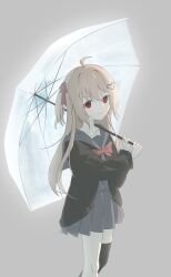  1girl ahoge black_cardigan black_sailor_collar black_skirt black_thighhighs blue_umbrella bow bowtie brown_hair cardigan closed_mouth commentary english_commentary evil_neuro-sama feet_out_of_frame from_side grey_background hair_between_eyes hair_ornament hair_ribbon heart heart_hair_ornament hfjjfv40552 highres holding holding_umbrella long_hair long_sleeves looking_at_viewer open_cardigan open_clothes pleated_skirt red_bow red_bowtie red_eyes red_ribbon ribbon sailor_collar shirt_tucked_in simple_background single_thighhigh skirt smile solo thigh-highs two_side_up umbrella vedal_ai virtual_youtuber 