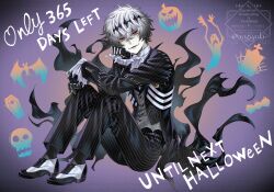  1boy aogiyuki black_crown crown diamond_hairband full_body highres looking_at_viewer male_focus pinstripe_pattern pinstripe_suit pinstripe_vest short_hair skeleton_print skully_j._graves smile solo striped_clothes striped_vest suit the_nightmare_before_christmas twisted_wonderland vertical-striped_clothes vertical-striped_vest vest white_hair 