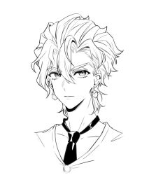  1boy commentary_request earrings expressionless food-themed_earrings jewelry jojo_no_kimyou_na_bouken male_focus monochrome necktie pannacotta_fugo portrait solo strawberry_earrings toubun_teikou vento_aureo 