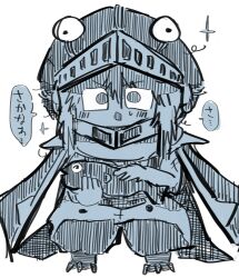  1other animal animal_feet animal_helmet aodo_mikan baggy_pants bare_arms bare_shoulders blue_theme cape commentary_request fish full_body hair_between_eyes highres holding holding_animal holding_fish len&#039;en light_blush long_hair monochrome moritake_medias open_mouth pants sidelocks simple_background solo sparkle speech_bubble standing straight-on sweatdrop translation_request v-shaped_eyebrows white_background 