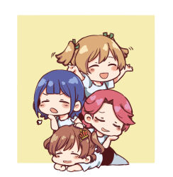  4girls :d :o aijou_karen arms_up black_leotard blonde_hair blue_hair blush_stickers border brown_hair center-flap_bangs chibi chibi_only chinese_commentary closed_eyes commentary_request crown_hair_ornament curtained_hair daiba_nana dogpile double-parted_bangs elbow_rest english_commentary facing_ahead full_body green_ribbon grey_leggings hair_between_eyes hair_ribbon hanayagi_kaoruko hand_on_another's_head hand_on_own_cheek hand_on_own_chin hand_on_own_face head_rest highres isurugi_futaba leggings leotard lying lying_on_person mabing medium_hair mixed-language_commentary motion_lines multiple_girls on_stomach open_mouth pink_hair puff_of_air raised_eyebrow ribbon shirt short_hair short_sleeves shoujo_kageki_revue_starlight sidelocks simple_background smile swept_bangs v-shaped_eyebrows white_border white_shirt yellow_background 