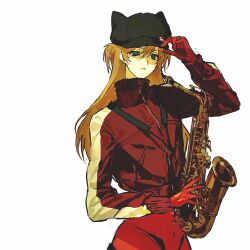  1girl animal_hat blue_eyes bodysuit bodysuit_under_clothes capekachuu cat_hat gloves hair_between_eyes hat highres holding holding_instrument instrument jacket long_hair looking_at_viewer mecha_pilot_suit neon_genesis_evangelion orange_hair plugsuit_(evangelion) red_bodysuit red_gloves red_jacket simple_background solo souryuu_asuka_langley track_jacket trumpet white_background 
