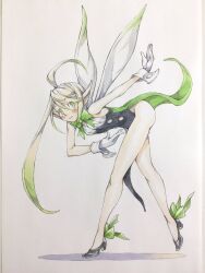  1girl ahoge bare_arms black_leotard black_shoes blonde_hair bow bowing bowtie breasts butler_bowing closed_mouth commentary_request fairy fairy_wings footwear_bow from_side full_body gloves gradient_hair green_bow green_bowtie green_eyes green_hair high_heels highres huge_ahoge leotard looking_at_viewer looking_to_the_side multicolored_hair original peter_salt pointy_ears shoes short_hair small_breasts smile solo standing standing_on_one_leg tailcoat thighs traditional_media two-tone_hair white_background white_gloves wings 