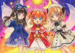  3girls alternate_costume arm_bow artist_name ascot black_bow black_bowtie black_nails black_ribbon blonde_hair blue_bow blue_dress blush bow bowtie brown_hair capelet closed_mouth commentary crescent_moon dated dress drill_hair fairy fairy_wings frilled_capelet frilled_dress frilled_sleeves frills hair_bow hat headdress long_hair long_sleeves looking_at_viewer luna_child maa_(forsythia1729) moon moon_print multiple_girls neck_ribbon open_mouth orange_hair pointy_ears print_dress red_capelet red_dress red_eyes ribbon smile star_(symbol) star_print star_sapphire sun sun_print sunny_milk touhou traditional_media twitter_username violet_eyes white_dress white_hat wings yellow_ascot 