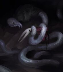  arthropod_girl black_eyes black_skin cloak colored_skin constriction dark greyroot_(hollow_knight) highres hollow_eyes hollow_knight hollow_knight:_silksong horned_mask hornet_(hollow_knight) lucy_(somewhat_irked) mask red_cloak white_mask 