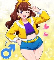 1boy absurdres amanogawa_kirara blue_shorts brown_hair canari_(pokemon) canari_(pokemon)_(cosplay) cosplay earrings genderswap genderswap_(ftm) go!_princess_precure headband heart highres hitokiwa_kenchin jacket jewelry one_eye_closed pokemon pokemon_legends:_z-a precure purple_shirt shirt shorts smile solo star_(symbol) star_earrings teeth trap upper_teeth_only v violet_eyes yellow_headband yellow_jacket