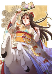  1girl amado_kashimu arm_up bow brown_eyes brown_hair centaur commentary_request cowboy_shot floating_hair hair_between_eyes hair_bow hanetsuki highres holding holding_paddle hooves japanese_clothes kimono long_hair monster_girl multiple_legs nengajou new_year obi open_mouth original paddle print_kimono rearing red_bow sash sidelocks solo standing taur teeth upper_teeth_only 
