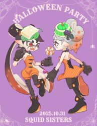 2girls ;d absurdres black_gloves black_pantyhose black_shoes bug callie_(splatoon) callie_(splatoween)_(splatoon) candy cousins dated dress earrings english_text food full_body gloves highres jewelry ke_sarami leg_up lollipop looking_at_another marie_(splatoon) marie_(splatoween)_(splatoon) multiple_girls official_alternate_costume one_eye_closed open_mouth orange_dress pantyhose pointy_ears purple_background red_eyes shoes silk smile spider spider_web splatoon_(series) splatoon_3 standing standing_on_one_leg stitches strapless strapless_dress swirl_lollipop teeth tentacle_hair twintails 