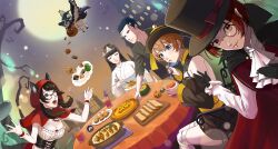  2boys 3girls absurdres arai_motoha bird black-framed_eyewear black_hair black_hat blue_eyes brown_hair chinese_clothes commentary_request cosplay food frankenstein's_monster frankenstein's_monster_(cosplay) ghost_costume glasses halloween halloween_costume hat highres hood hood_up jiangshi kamishiro_nagisa kanou_shun little_red_riding_hood_(fairy_tale_character) little_red_riding_hood_(fairy_tale_character)_(cosplay) long_hair looking_at_viewer low_twintails lufel_(owl)_(p5x) lufel_(p5x) mo_yako monocle moon multiple_boys multiple_girls night night_sky noge_tomoko outdoors owl persona persona_5 persona_5:_the_phantom_x red_eyes red_hair short_hair sitting sky tanemura_riko top_hat twintails witch_hat 