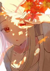  1girl autumn autumn_leaves blonde_hair blush camisole coat collarbone colored_eyelashes commentary_request dappled_sunlight falling_leaves gakuen_idolmaster grey_coat hair_ornament hairclip hand_up highres idolmaster iroha_822 leaf long_hair looking_at_viewer open_clothes open_coat open_mouth orange_eyes parted_bangs shade shinosawa_hiro solo sunlight tree_shade upper_body white_camisole 