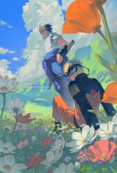  2boys absurdres black_hair black_headband black_jacket black_pants black_shoes blonde_hair clouds cloudy_sky field flower flower_field hair_between_eyes headband highres jacket jenmushroom jumpsuit male_focus multicolored_jacket multiple_boys naruto_(series) naruto_shippuuden nature orange_jacket orange_jumpsuit orange_pants outdoors pants pink_flower poppy_(flower) red_flower rope_belt shirt shoes short_hair sitting sky spiky_hair standing two-tone_jacket uchiha_sasuke uzumaki_naruto water white_flower white_shirt 