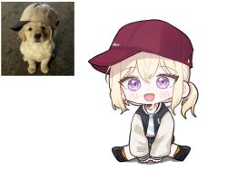  1girl at_09098 bang_dream! bang_dream!_it&#039;s_mygo!!!!! baseball_cap blonde_hair blush chibi chibi_only commentary_request earrings hair_between_eyes hat jacket jewelry korean_commentary long_sleeves looking_at_viewer misumi_uika necklace open_clothes open_jacket open_mouth red_hat reference_inset shirt short_hair simple_background sitting solo violet_eyes white_background white_shirt 
