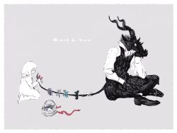  1boy 1girl basket body_fur child commentary_request dress full_body furry furry_male grey_background horns indian_style nagabe ribbon sensei_(totsukuni_no_shoujo) shiva_(totsukuni_no_shoujo) short_hair simple_background sitting tail tail_ornament tail_ribbon totsukuni_no_shoujo tying vest white_dress white_hair 