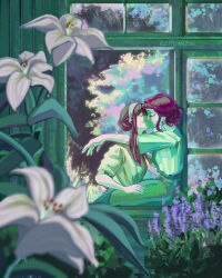  2girls alt_text artist_name blurry blurry_foreground day earrings english_commentary flower hair_up hairband highres jewelry karumizai kiss lily_(flower) melinda_desmond multiple_girls short_hair short_hair_with_long_locks short_sleeves sitting spy_x_family window yor_briar yuri 