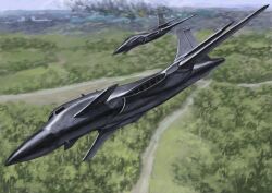  aircraft airplane explosion fighter_jet flying forest front_mission highres military military_vehicle nature no_humans science_fiction sky tyokugekidato vehicle_focus 