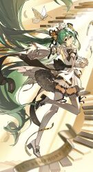  1girl bird closed_mouth detached_sleeves dove dress floating_hair flower gloves green_eyes green_hair hair_between_eyes hair_flower hair_ornament hatsune_miku high_heels highres long_hair long_sleeves miku_symphony_(vocaloid) official_alternate_costume official_alternate_hairstyle pumps shoene sleeveless sleeveless_dress thigh-highs twintails very_long_hair vocaloid white_gloves white_thighhighs wide_sleeves 