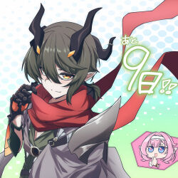  1boy 1girl armored_gloves black_gloves black_horns blue_eyes clapping commentary_request elf elysia_(honkai_impact) gloves green_hair green_shirt grey_jacket hairband highres honkai_(series) honkai_impact_3rd horns jacket kosma nabeiro_kin open_mouth orange_eyes pointy_ears red_scarf scarf shirt short_hair smile translation_request white_hairband 